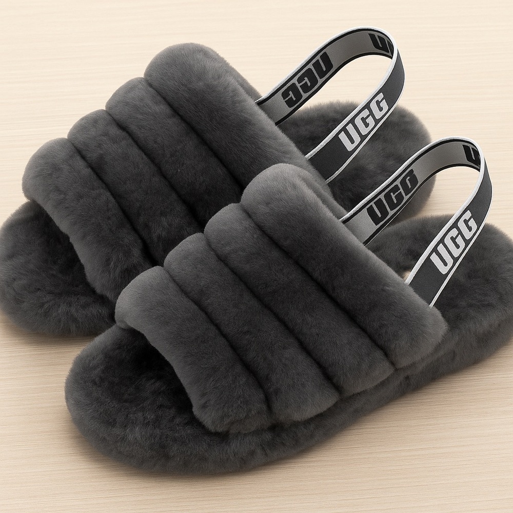 UGG Gray Fluffy Slide Sandals